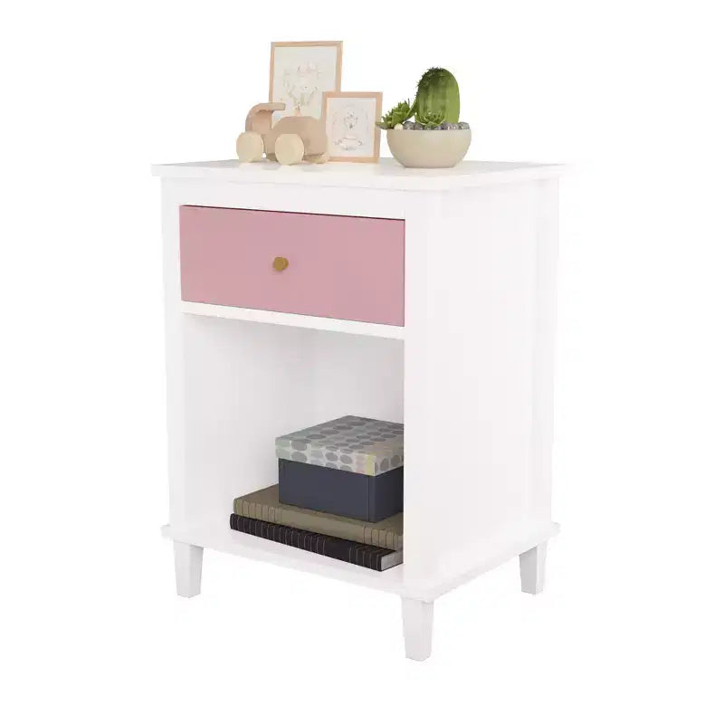 Table de chevet en bois rose avec 1 tiroir et 1 étagère pour enfants et adultes
