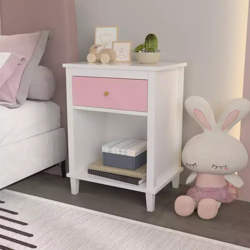 Table de chevet en bois rose avec 1 tiroir et 1 étagère pour enfants et adultes