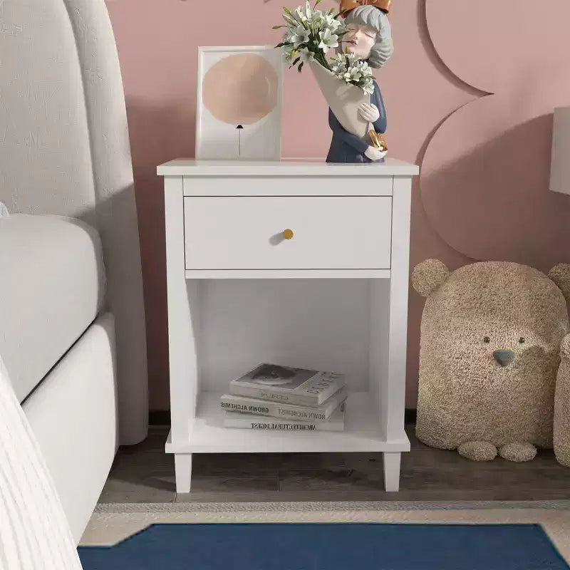 Table de chevet en bois rose avec 1 tiroir et 1 étagère pour enfants et adultes