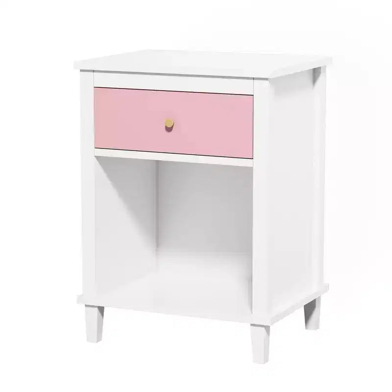 Table de chevet en bois rose avec 1 tiroir et 1 étagère pour enfants et adultes