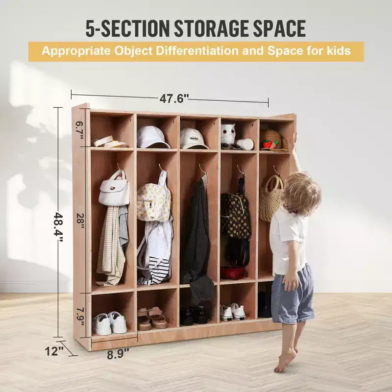 Vestiaire et porte-manteaux avec 5 grands et 10 petits compartiments, casiers de rangement pour tout-petits, pour la maison, l'école, la maternelle,