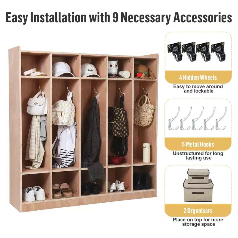 Vestiaire et porte-manteaux avec 5 grands et 10 petits compartiments, casiers de rangement pour tout-petits, pour la maison, l'école, la maternelle,