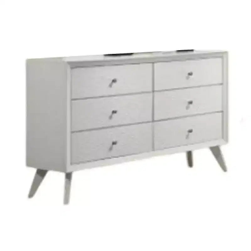 Commode large Royal Hampton, 6 tiroirs avec poignées en bronze, bois blanc texturé