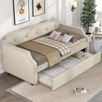 Twin Size Upholstered Daybed with Trundle and Button Tufted Backrest, Linen Sofa Bed with Nailhead Trim