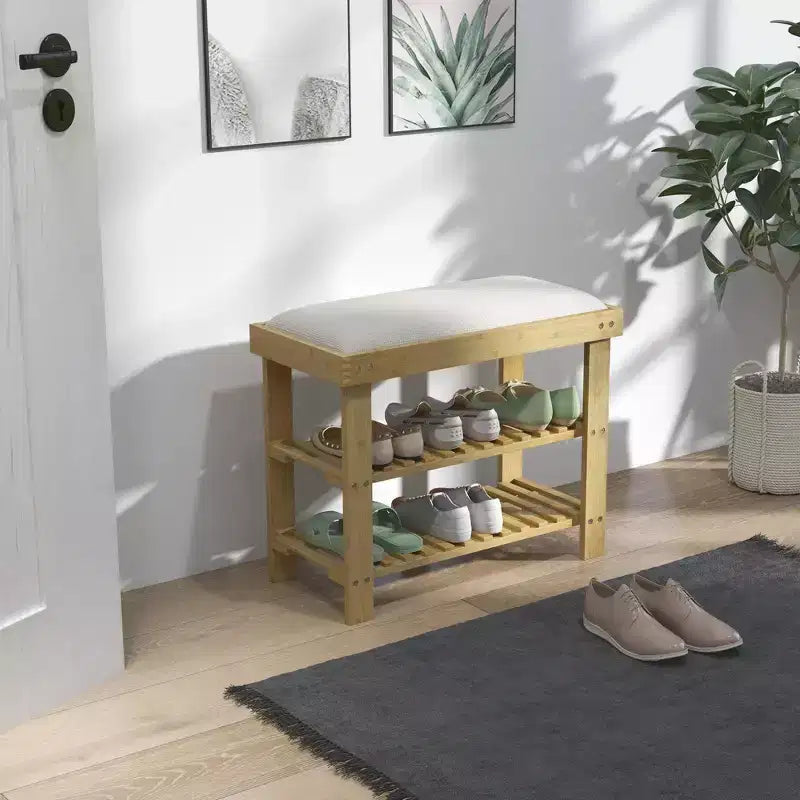 Banc de rangement à chaussures en bambou, banc d'entrée à 3 niveaux avec coussin, organisateur de chaussures pour entrée, couloir