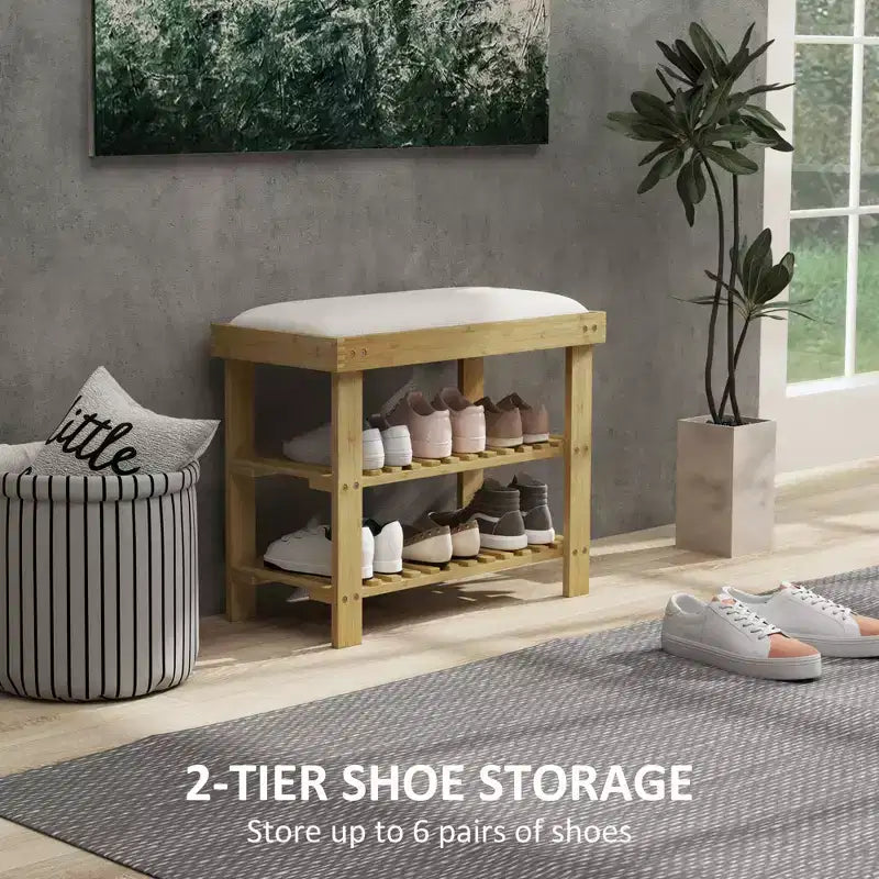 Banc de rangement à chaussures en bambou, banc d'entrée à 3 niveaux avec coussin, organisateur de chaussures pour entrée, couloir
