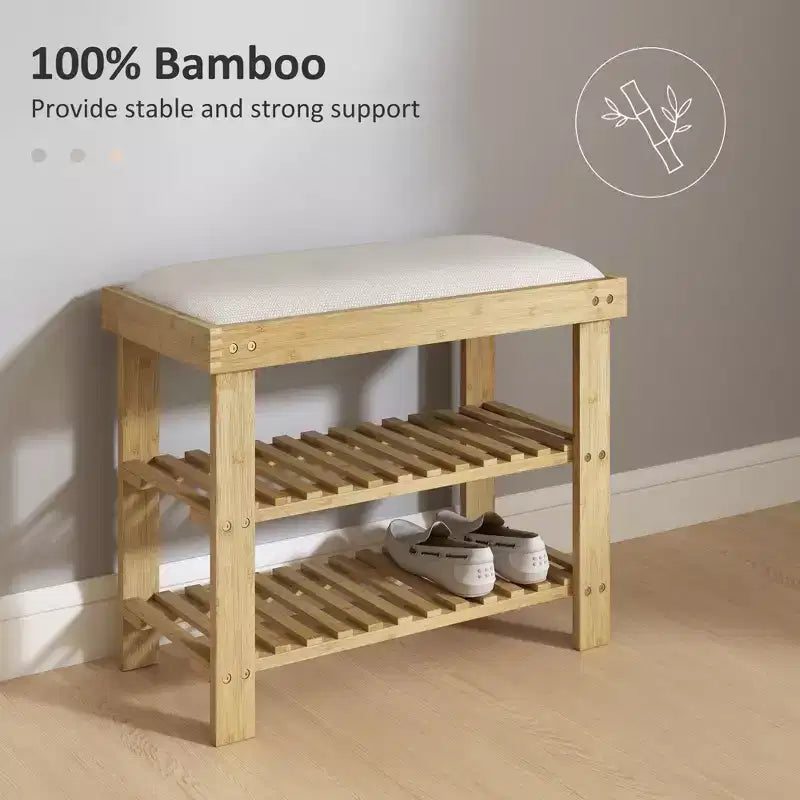 Banc de rangement à chaussures en bambou, banc d'entrée à 3 niveaux avec coussin, organisateur de chaussures pour entrée, couloir