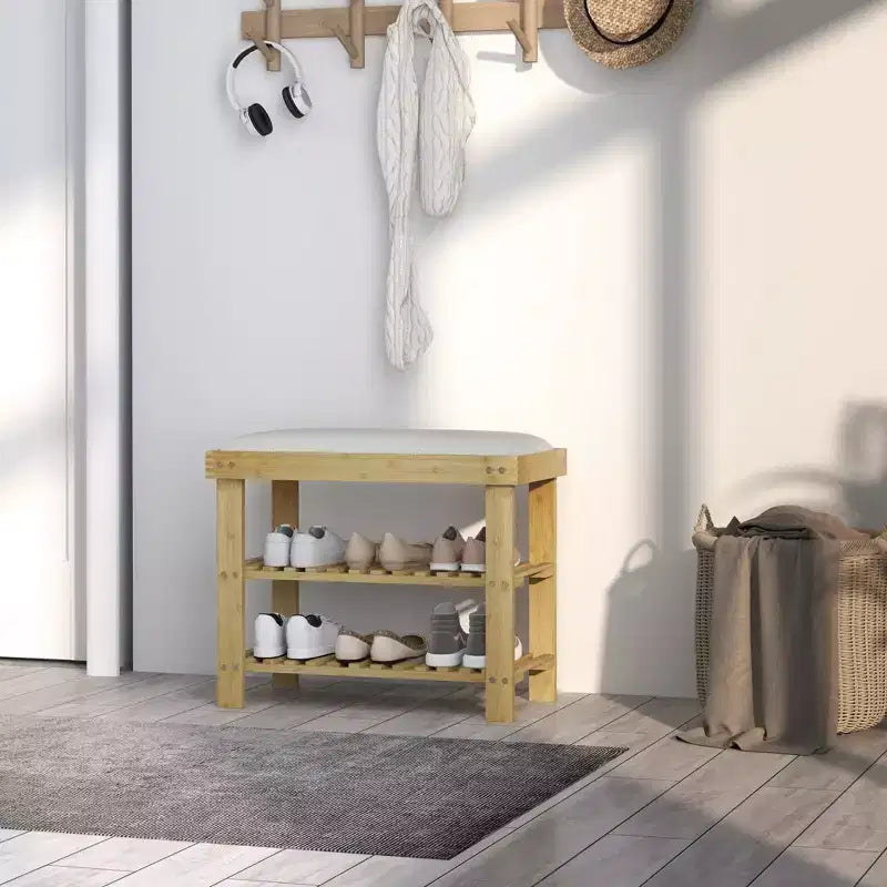 Banc de rangement à chaussures en bambou, banc d'entrée à 3 niveaux avec coussin, organisateur de chaussures pour entrée, couloir