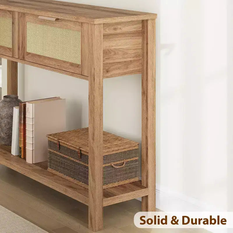 Console Tables de Ferme en Rotin de 43 Pouces pour Entrée, Table d'Appoint Étroite en Bois Derrière le Canapé, Table de Canapé Bohème, pour Salon