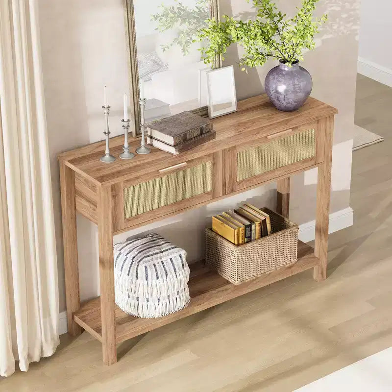 Console Tables de Ferme en Rotin de 43 Pouces pour Entrée, Table d'Appoint Étroite en Bois Derrière le Canapé, Table de Canapé Bohème, pour Salon