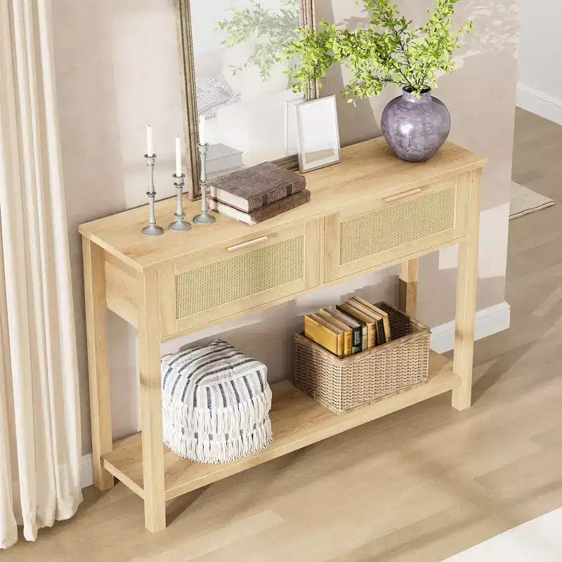 Console Tables de Ferme en Rotin de 43 Pouces pour Entrée, Table d'Appoint Étroite en Bois Derrière le Canapé, Table de Canapé Bohème, pour Salon