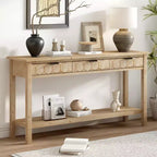 Clihome Console d'entrée 60 en placage de sapin avec façades à motif nid d'abeille, table de console moderne et élégante avec 3 tiroirs et pieds en sapin massif