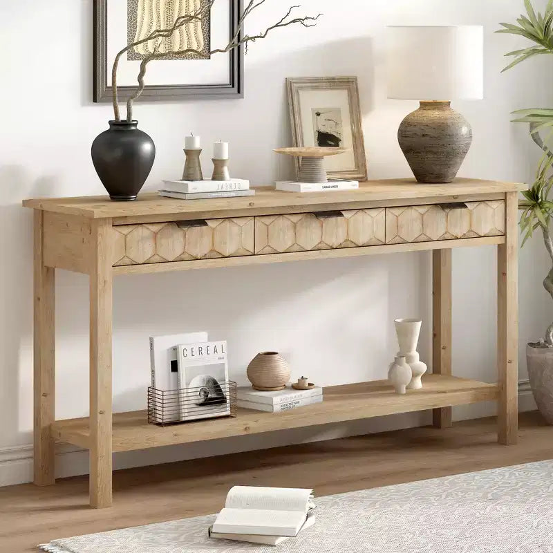 Clihome Console d'entrée 60 en placage de sapin avec façades à motif nid d'abeille, table de console moderne et élégante avec 3 tiroirs et pieds en sapin massif