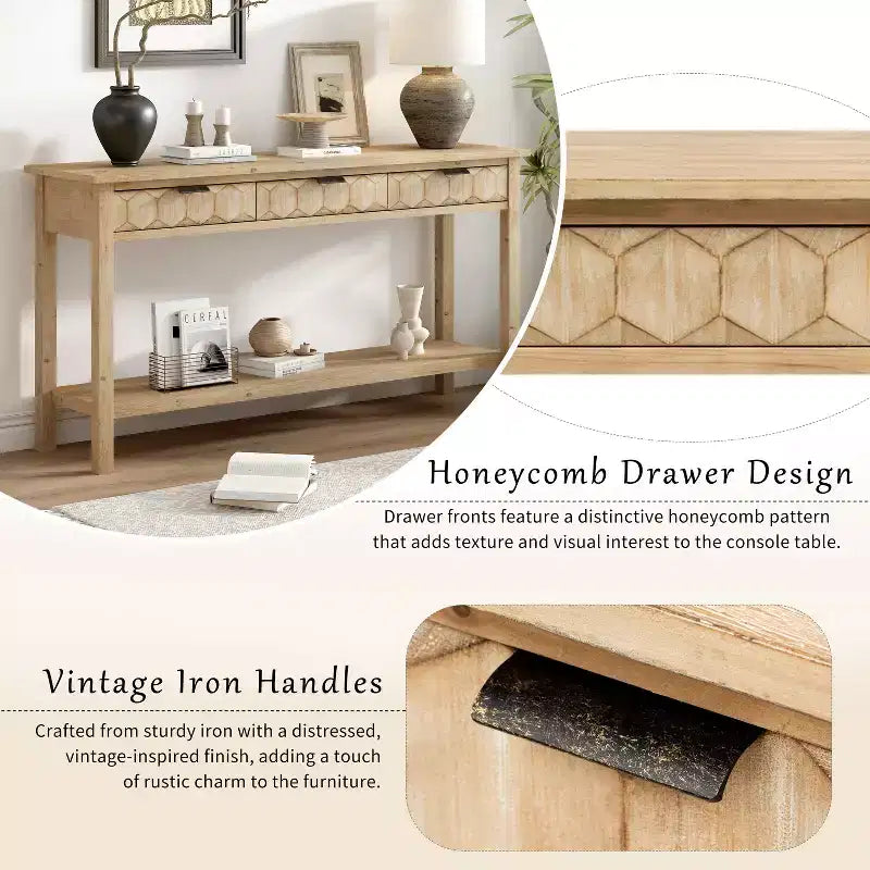 Clihome Console d'entrée 60 en placage de sapin avec façades à motif nid d'abeille, table de console moderne et élégante avec 3 tiroirs et pieds en sapin massif