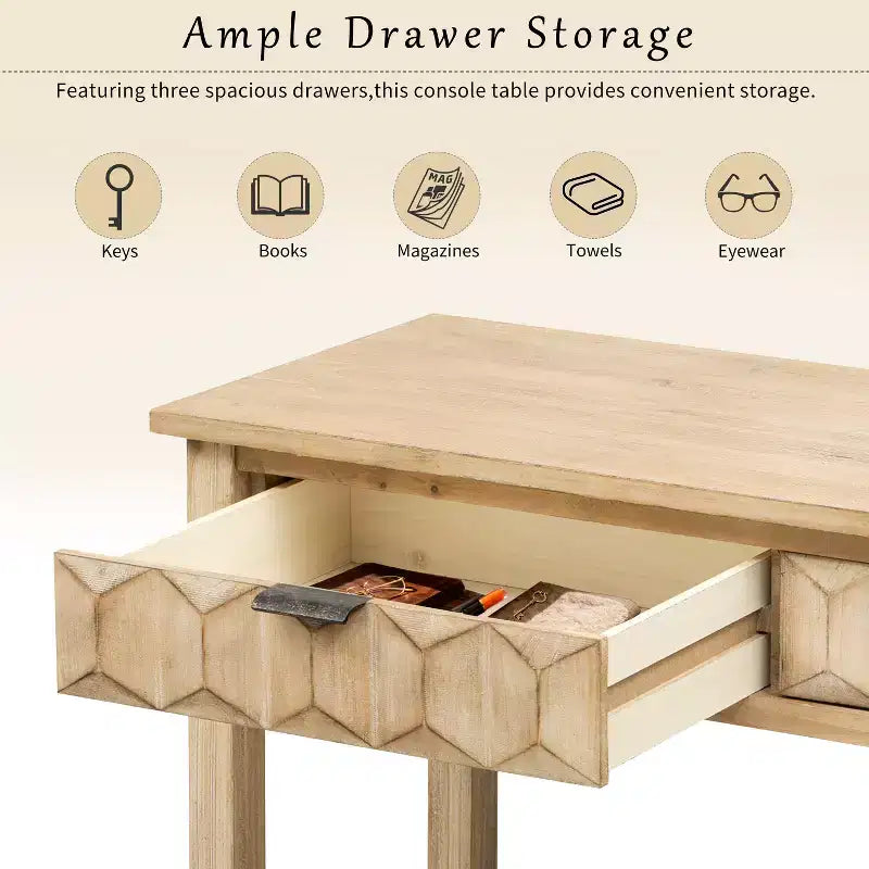 Clihome Console d'entrée 60 en placage de sapin avec façades à motif nid d'abeille, table de console moderne et élégante avec 3 tiroirs et pieds en sapin massif