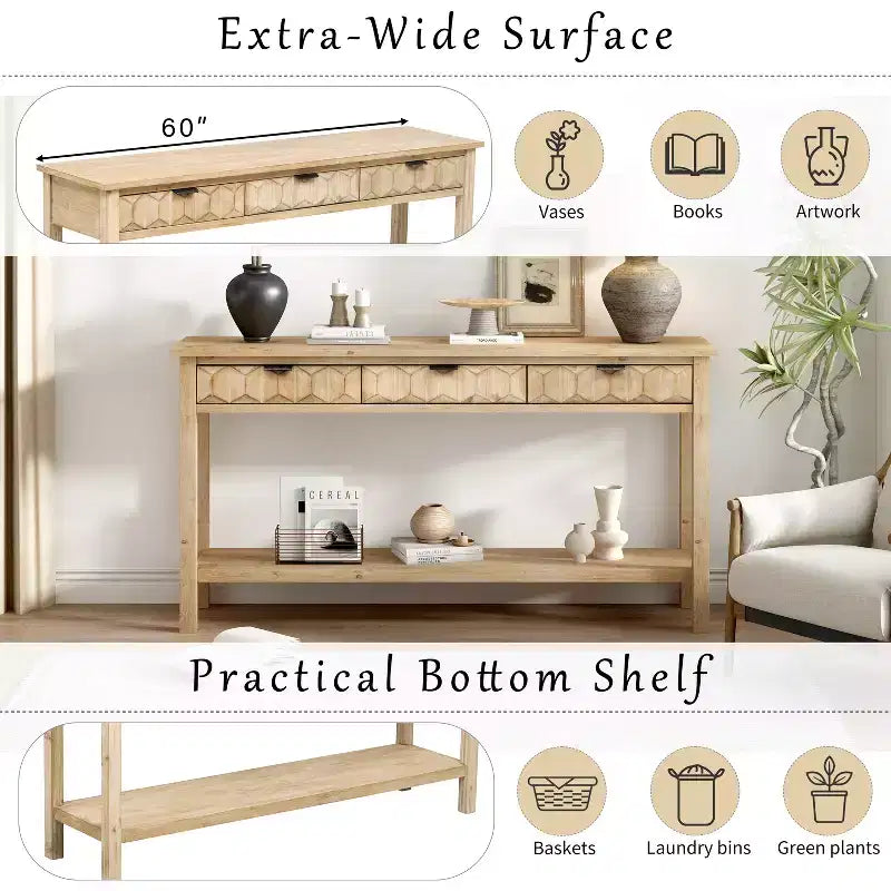 Clihome Console d'entrée 60 en placage de sapin avec façades à motif nid d'abeille, table de console moderne et élégante avec 3 tiroirs et pieds en sapin massif