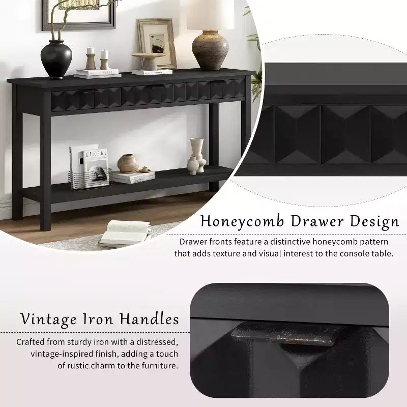 Clihome Console d'entrée 60 en placage de sapin avec façades à motif nid d'abeille, table de console moderne et élégante avec 3 tiroirs et pieds en sapin massif