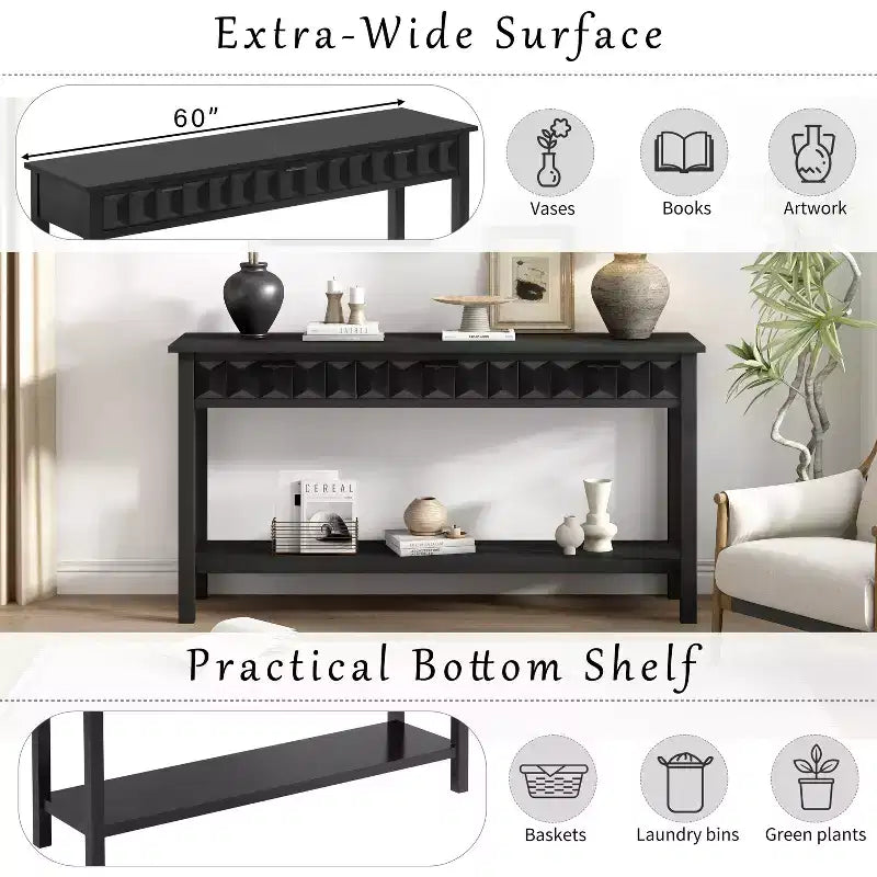 Clihome Console d'entrée 60 en placage de sapin avec façades à motif nid d'abeille, table de console moderne et élégante avec 3 tiroirs et pieds en sapin massif