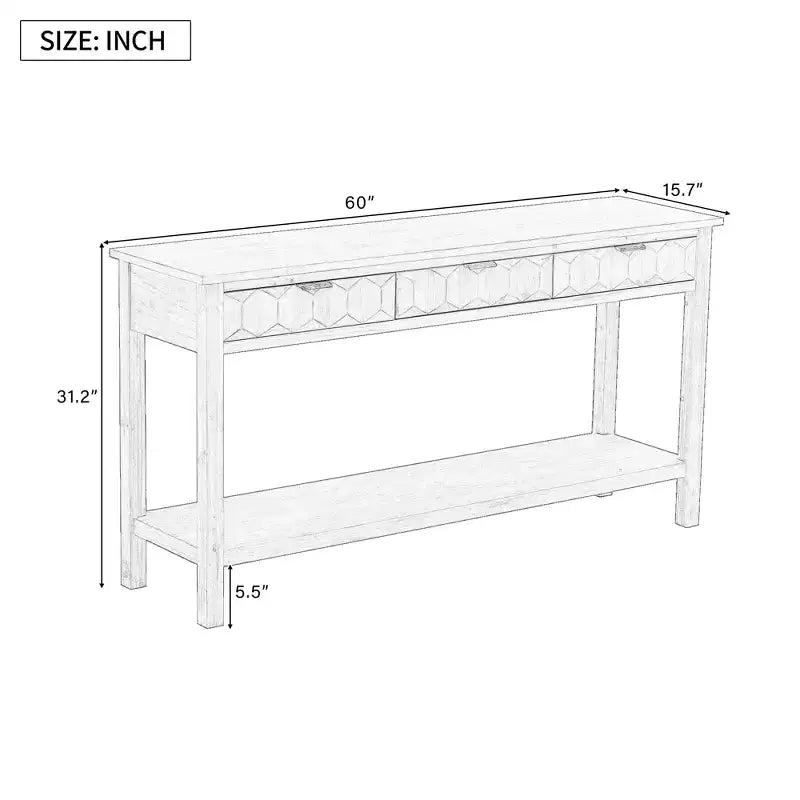 Clihome Console d'entrée 60 en placage de sapin avec façades à motif nid d'abeille, table de console moderne et élégante avec 3 tiroirs et pieds en sapin massif