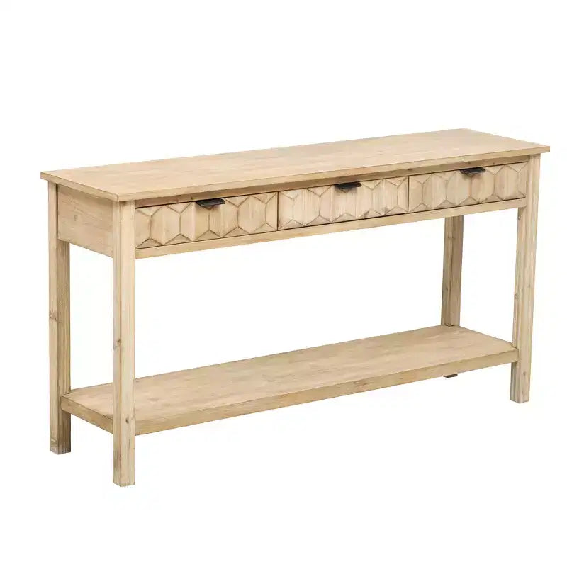Clihome Console d'entrée 60 en placage de sapin avec façades à motif nid d'abeille, table de console moderne et élégante avec 3 tiroirs et pieds en sapin massif