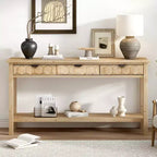 Clihome Console d'entrée 60 en placage de sapin avec façades à motif nid d'abeille, table de console moderne et élégante avec 3 tiroirs et pieds en sapin massif