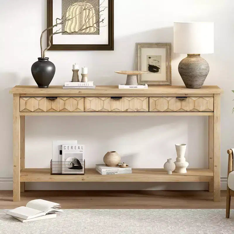 Clihome Console d'entrée 60 en placage de sapin avec façades à motif nid d'abeille, table de console moderne et élégante avec 3 tiroirs et pieds en sapin massif
