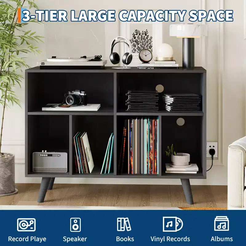 Meuble pour tourne-disque avec rangement pour vinyles, Meuble pour tourne-disque pouvant contenir jusqu'à 350 albums, Meuble de rangement en bois pour tourne-disque pour salon