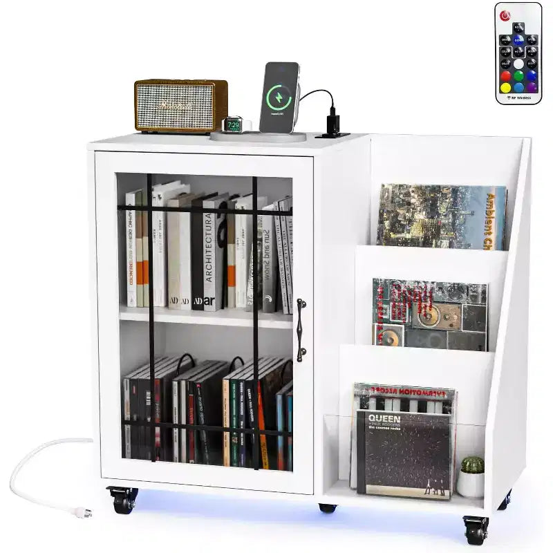 Meuble platine VINYLI avec rangement vinyles, porte-vinyles, table pour platine avec station de charge LED