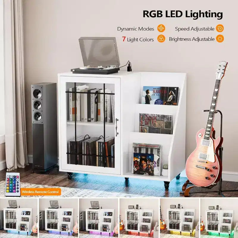 Meuble platine VINYLI avec rangement vinyles, porte-vinyles, table pour platine avec station de charge LED