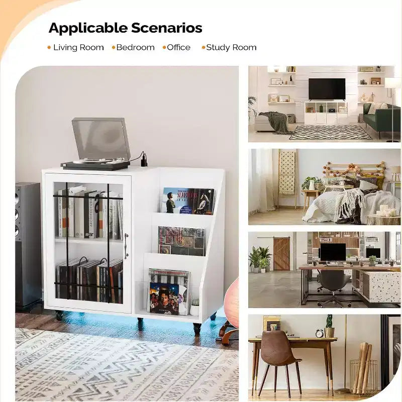 Meuble platine VINYLI avec rangement vinyles, porte-vinyles, table pour platine avec station de charge LED