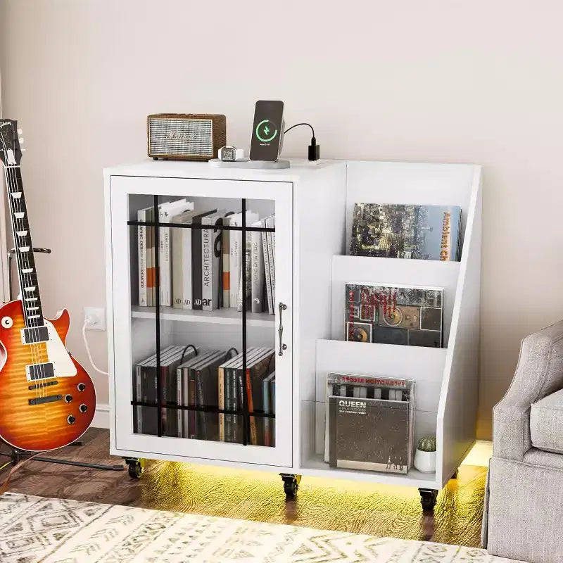 Meuble platine VINYLI avec rangement vinyles, porte-vinyles, table pour platine avec station de charge LED