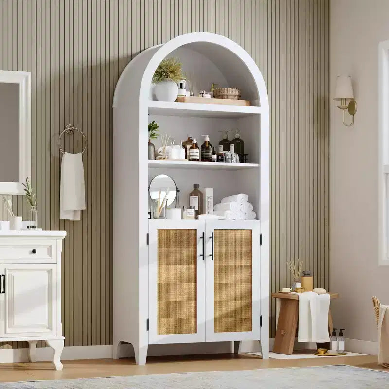 63.2Bibliothèque arquée avec portes, étagère de présentation ouverte à 5 niveaux avec décor en rotin, placard de rangement polyvalent pour cuisine, salle à manger, salon