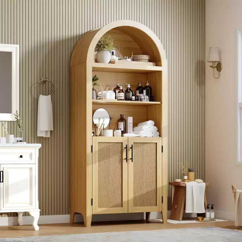 63.2Bibliothèque arquée avec portes, étagère de présentation ouverte à 5 niveaux avec décor en rotin, placard de rangement polyvalent pour cuisine, salle à manger, salon