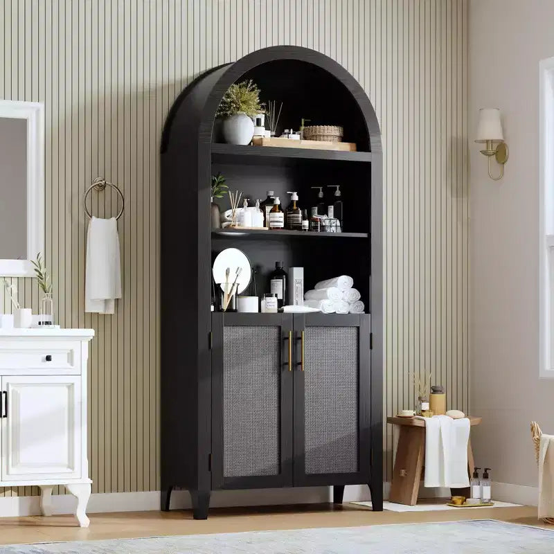 63.2Bibliothèque arquée avec portes, étagère de présentation ouverte à 5 niveaux avec décor en rotin, placard de rangement polyvalent pour cuisine, salle à manger, salon