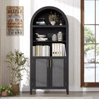 63.2Arched Bookcase with Doors, 5 Tier Open Display Shelf with Rattan Decor, Versatile Storage Cupboard for Kitchen, Dining Room, Living Room