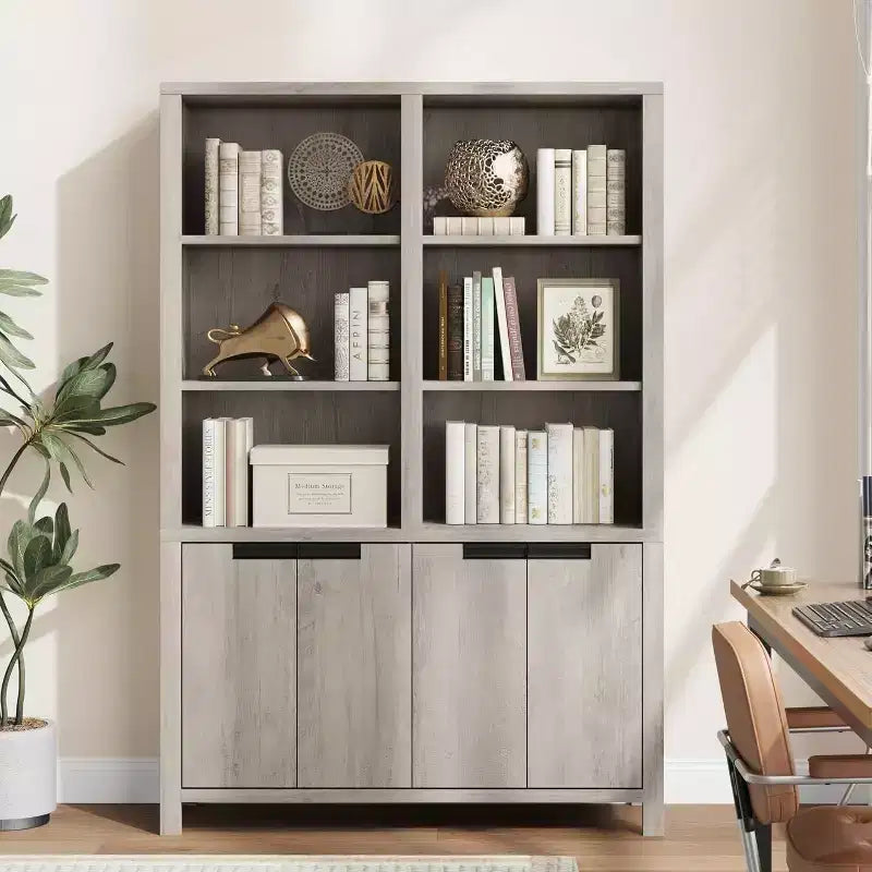 Bibliothèque Acekool 180 cm de haut, double largeur à 5 niveaux avec portes, 3 étagères ouvertes + 2 armoires, étagère réglable, 120 cm L x 30 cm P