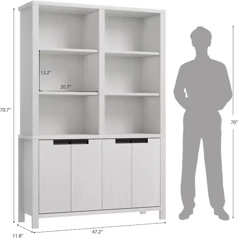 Bibliothèque Acekool 180 cm de haut, double largeur à 5 niveaux avec portes, 3 étagères ouvertes + 2 armoires, étagère réglable, 120 cm L x 30 cm P