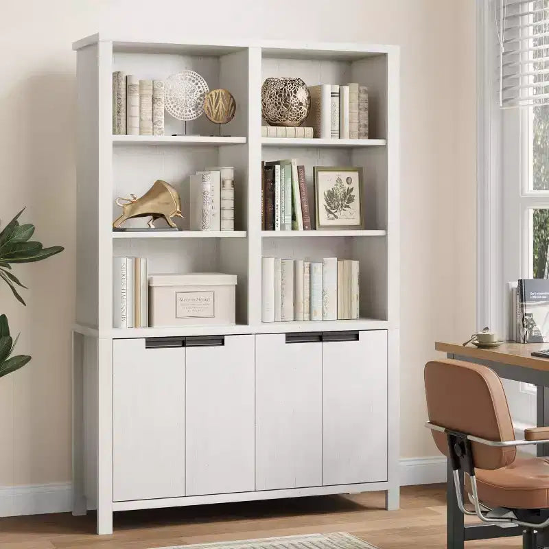 Bibliothèque Acekool 180 cm de haut, double largeur à 5 niveaux avec portes, 3 étagères ouvertes + 2 armoires, étagère réglable, 120 cm L x 30 cm P