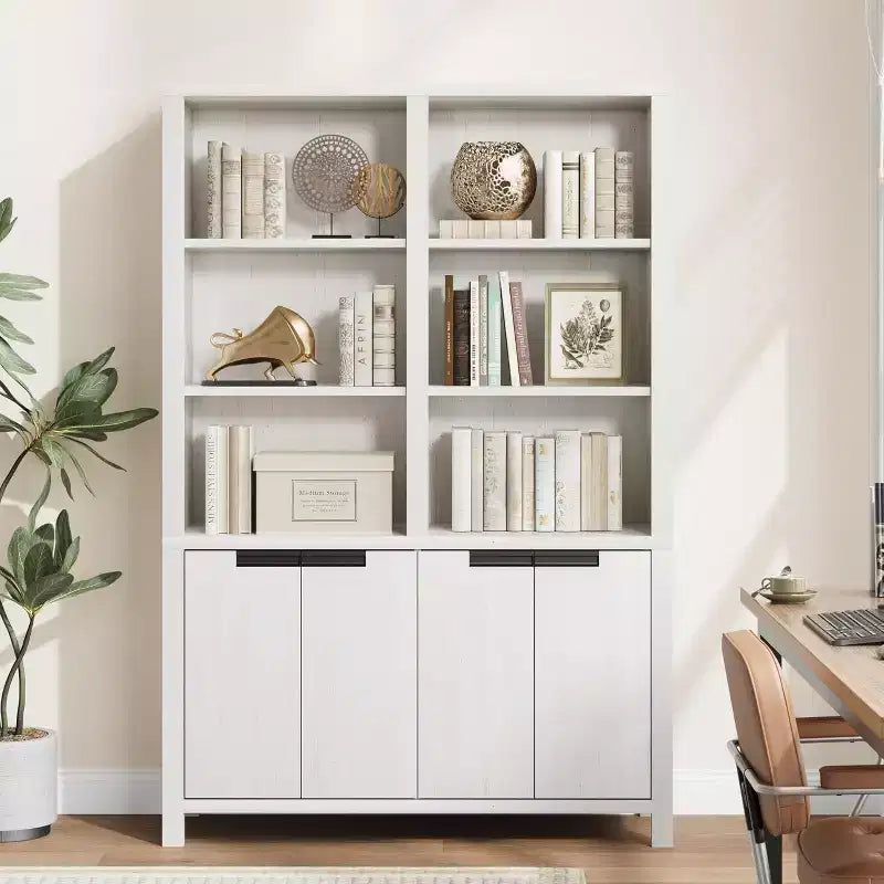 Bibliothèque Acekool 180 cm de haut, double largeur à 5 niveaux avec portes, 3 étagères ouvertes + 2 armoires, étagère réglable, 120 cm L x 30 cm P
