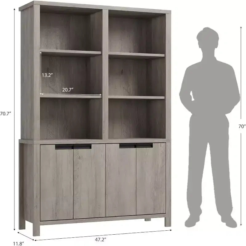 Bibliothèque Acekool 180 cm de haut, double largeur à 5 niveaux avec portes, 3 étagères ouvertes + 2 armoires, étagère réglable, 120 cm L x 30 cm P