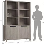 Bibliothèque Acekool 180 cm de haut, double largeur à 5 niveaux avec portes, 3 étagères ouvertes + 2 armoires, étagère réglable, 120 cm L x 30 cm P