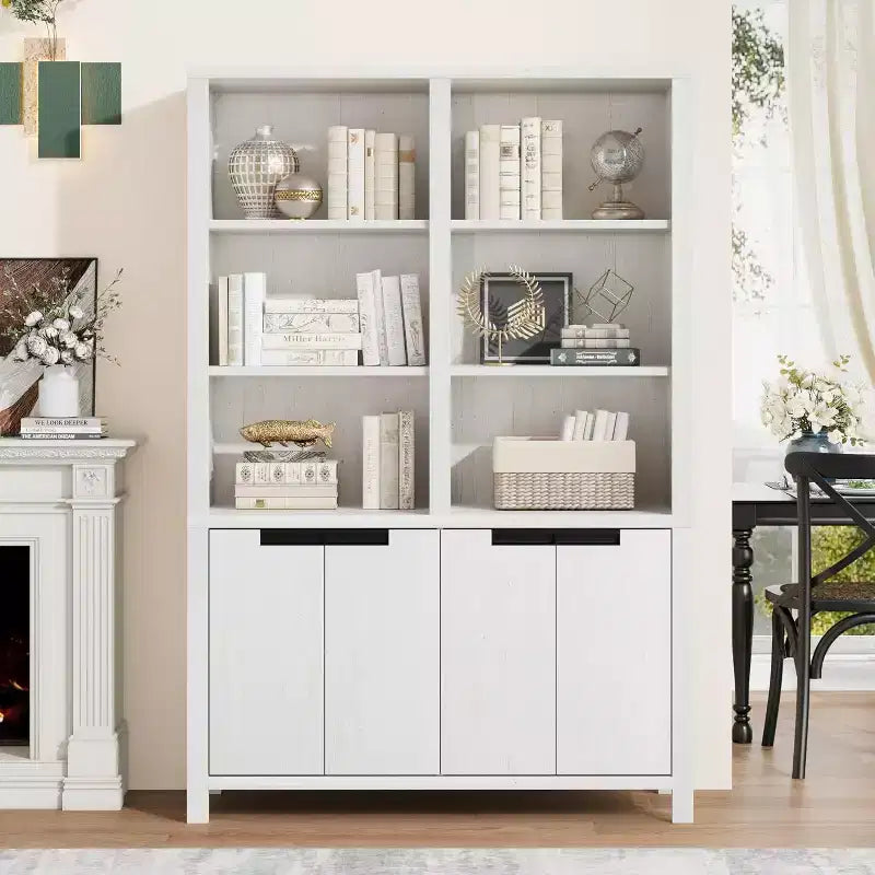 Acekool Bookcase 70.7 in Tall, 5-Tier Double-Wide with Doors, 3 Open Shelves + 2 Cabinets, Adjustable Shelf, 47.2 W x 11.8 D