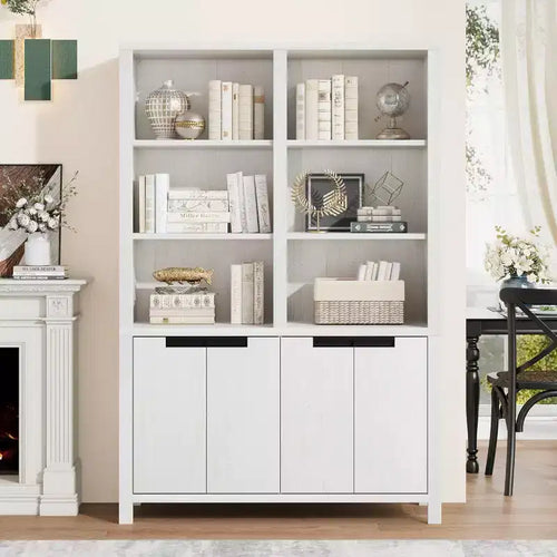 Acekool Bookcase 70.7 in Tall, 5-Tier Double-Wide with Doors, 3 Open Shelves + 2 Cabinets, Adjustable Shelf, 47.2 W x 11.8 D
