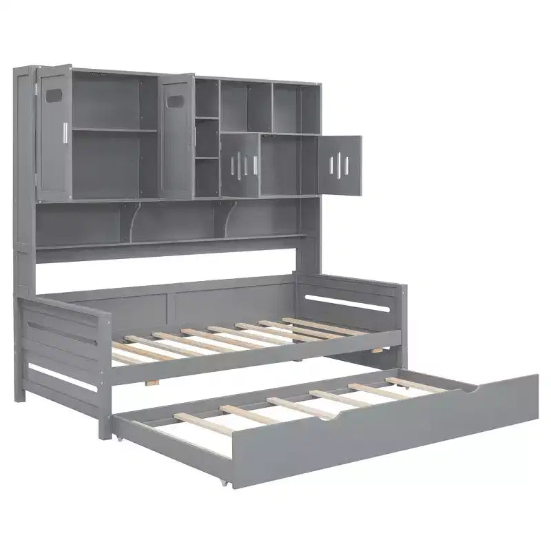 Lit de repos double/complet avec bibliothèque de rangement, lit de repos en bois avec lit gigogne, lit de repos en bois avec armoires de rangement et étagères