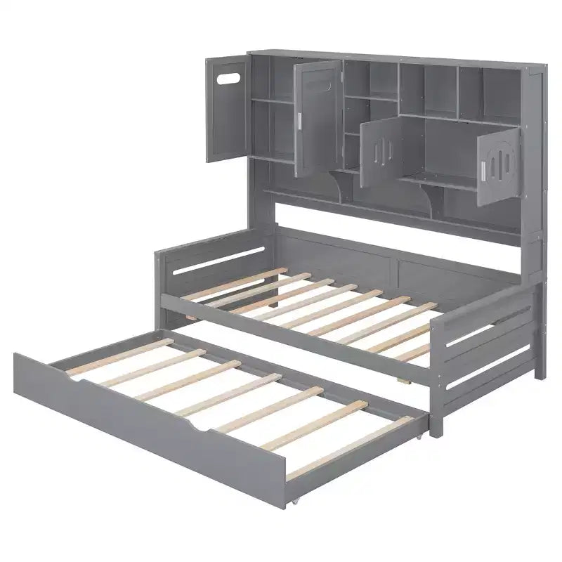 Lit de repos double/complet avec bibliothèque de rangement, lit de repos en bois avec lit gigogne, lit de repos en bois avec armoires de rangement et étagères