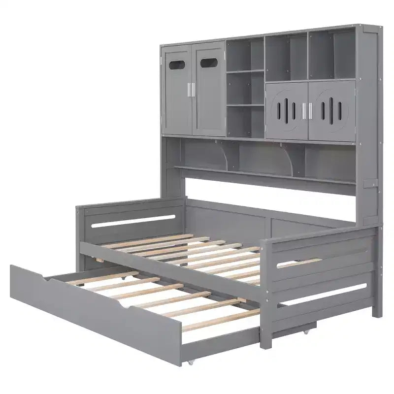 Lit de repos double/complet avec bibliothèque de rangement, lit de repos en bois avec lit gigogne, lit de repos en bois avec armoires de rangement et étagères