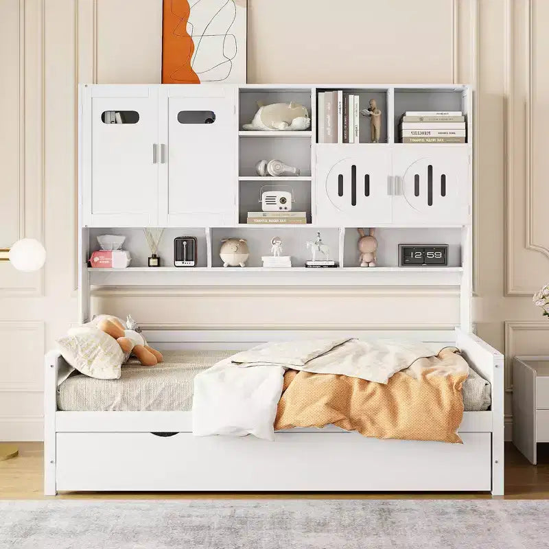 Lit de repos double/complet avec bibliothèque de rangement, lit de repos en bois avec lit gigogne, lit de repos en bois avec armoires de rangement et étagères