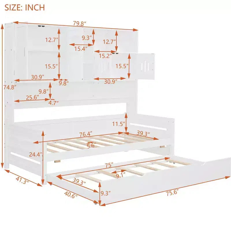 Lit de repos double/complet avec bibliothèque de rangement, lit de repos en bois avec lit gigogne, lit de repos en bois avec armoires de rangement et étagères