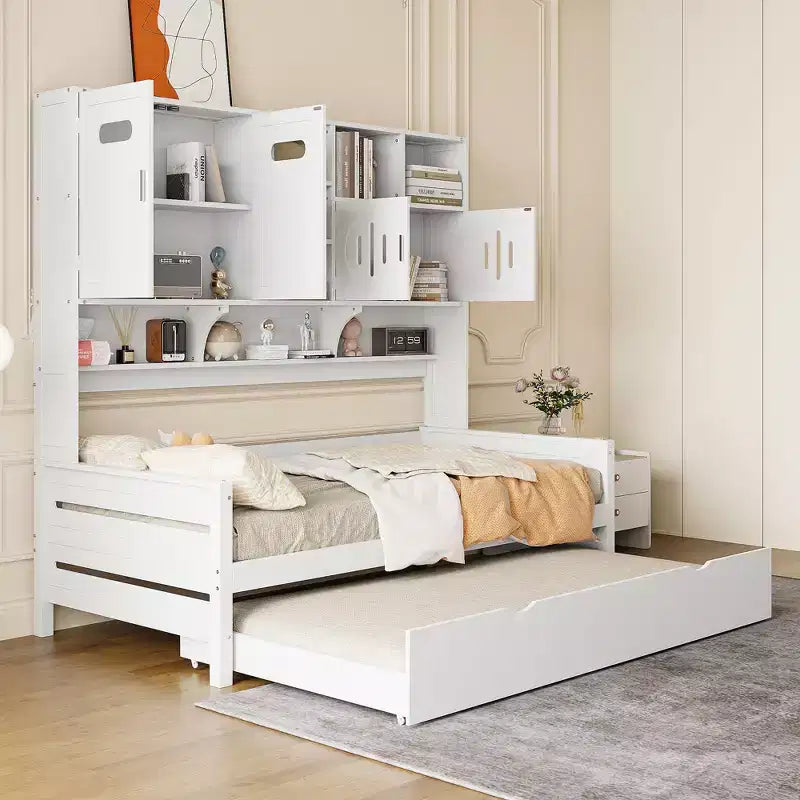 Lit de repos double/complet avec bibliothèque de rangement, lit de repos en bois avec lit gigogne, lit de repos en bois avec armoires de rangement et étagères