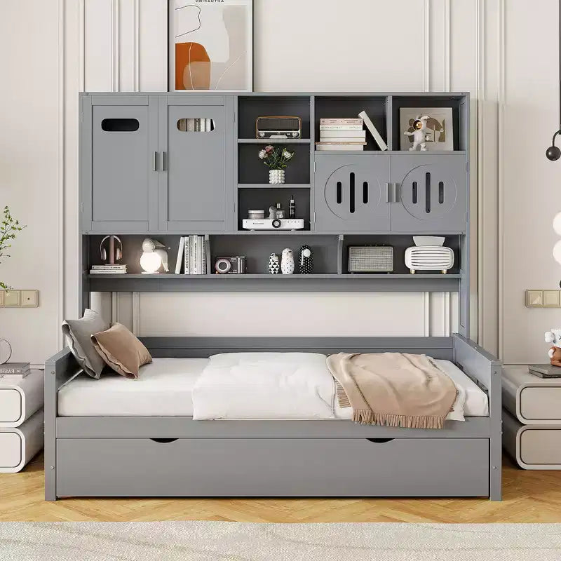 Lit de repos double/complet avec bibliothèque de rangement, lit de repos en bois avec lit gigogne, lit de repos en bois avec armoires de rangement et étagères